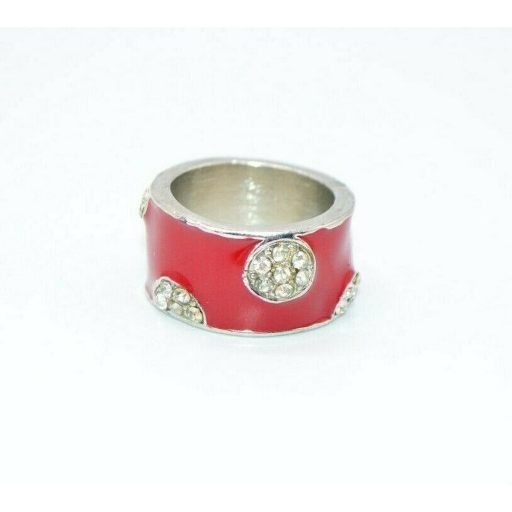 Red Enamel Clear Rhinestone Dot Abstract Silver